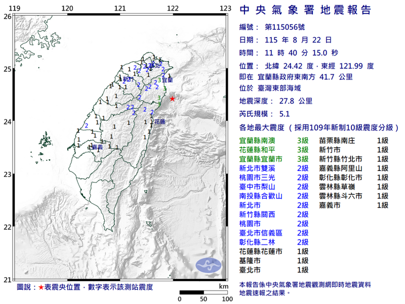 東部海域規模5.1地震 宜花地區最大震度3級