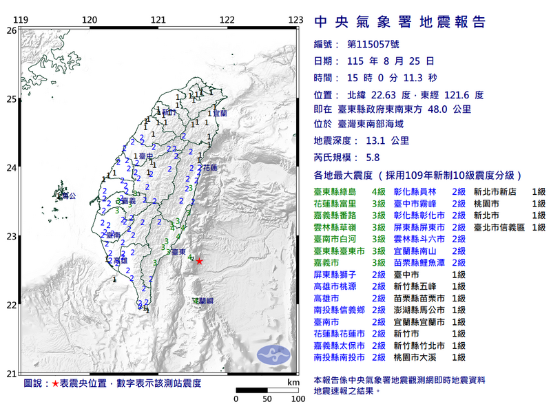 台東外海規模5.8地震，全台有感